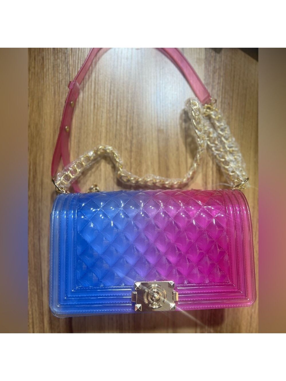 NEW! Jelly Ombré Two tone Pink Purple Blue Quilted Goldtone Chain Purse - Picture 1 of 6